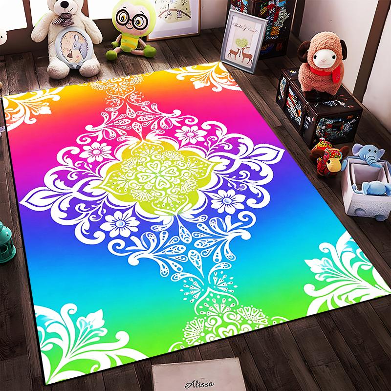 Rainbow Gradient Carpet with White Floral Mandala Pattern Design Suitable for use as an anti-slip for living room bedroom sofas