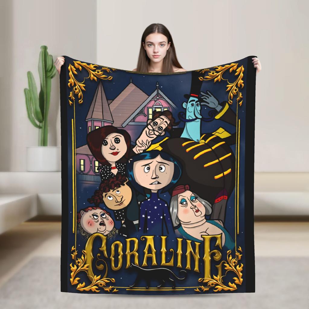 Coralines Animated Movie Blanket  Travel Flannel Throw Blanket For Living Room Warm Soft Custom DIY Quality Bedspread Gift Idea