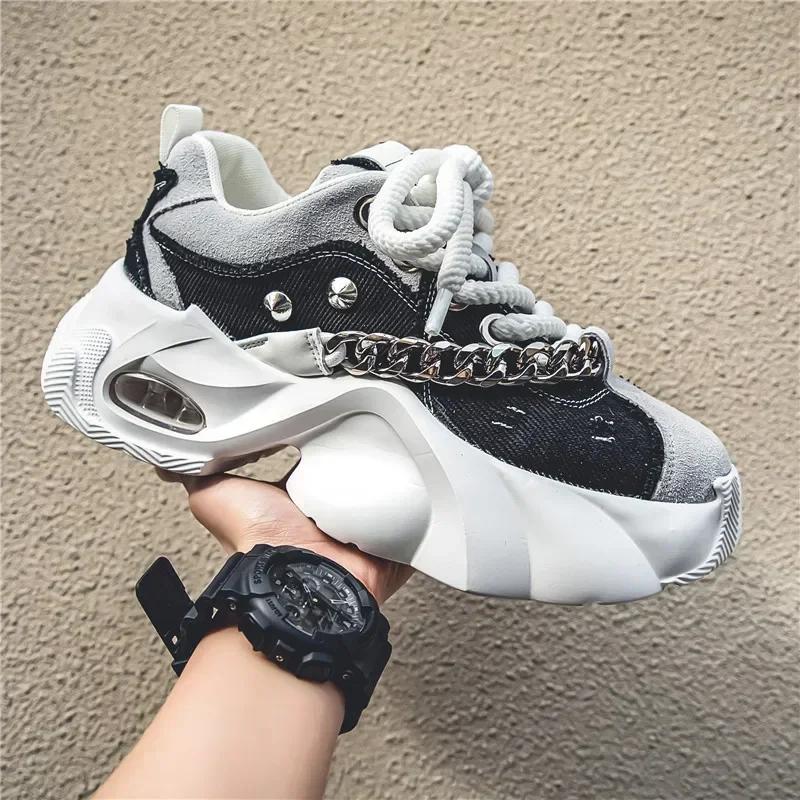 

Fashion Men s Shoes New Trendy Thick Soled Height Increasing Shoes Wear-resistant Metal Chain Tie Comfort Rivet Sneakers 2025 39