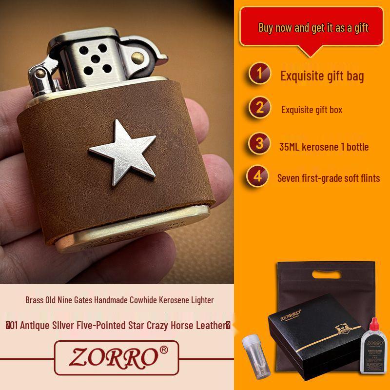 Zorro 506 Antique Silver Star Leather Brass Kerosene Lighter - Handmade Gift