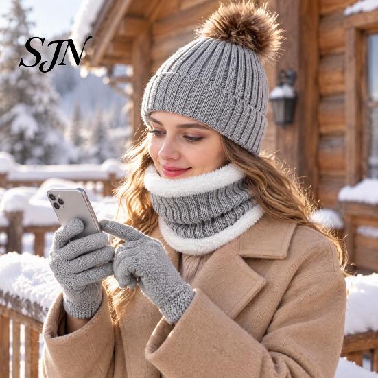 Soft Fleece Winter Gift Set Hat Neck Warmer Gloves Set, Knitted Beanies with Pompom, Touch Screen Gloves, Lined Knit for Men Women Cold Weather