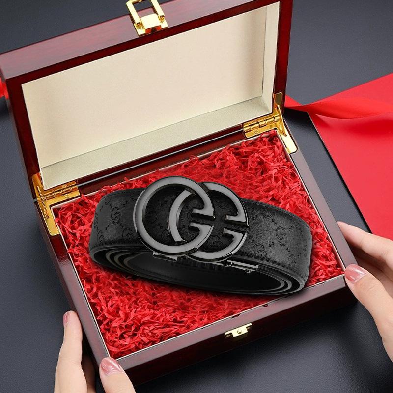 Męski luksusowy dwuwarstwowy pasek ze skóry bydlęcej z automatyczną klamrą i drewnianym pudełkiem prezentowym