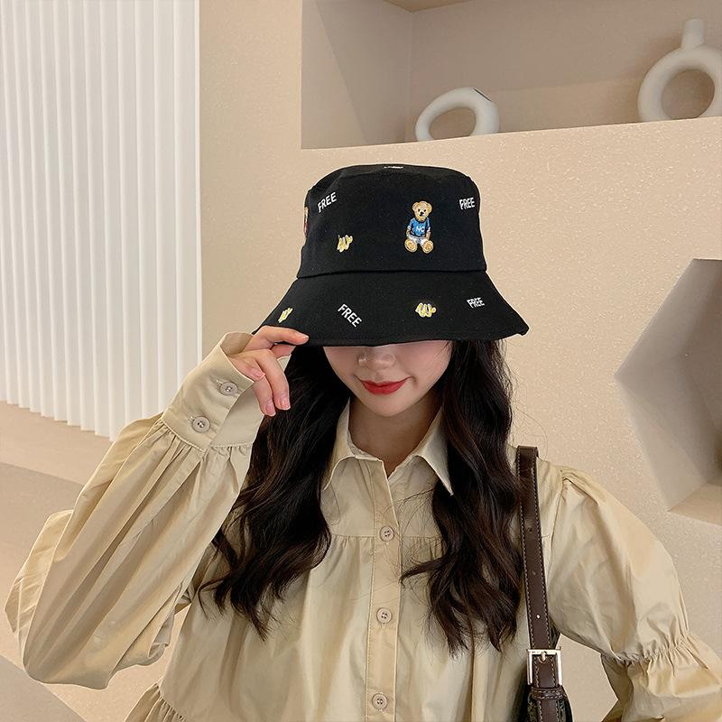 Bear fisherman hat children summer leisure outdoor embroidery cartoon basin hat showing face small sun protection sun hat men