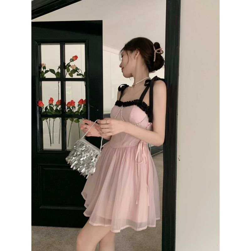 Kumikumi Sweet and Spicy Pink Open Back Tied Dress Women's Summer New Arrival Waist-Tight Slim Looking Atmosphere Pettiskirt