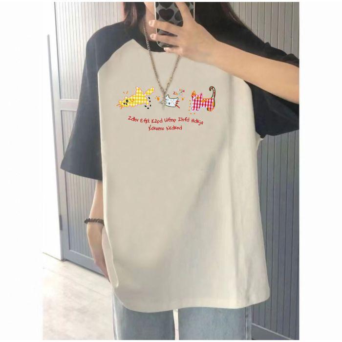 College Style Outfit with Large Size Rag-shoulder Color Block Short-sleeved Cotton T-shirt for Girls In Spring and Summer New Loose Round Neck Top