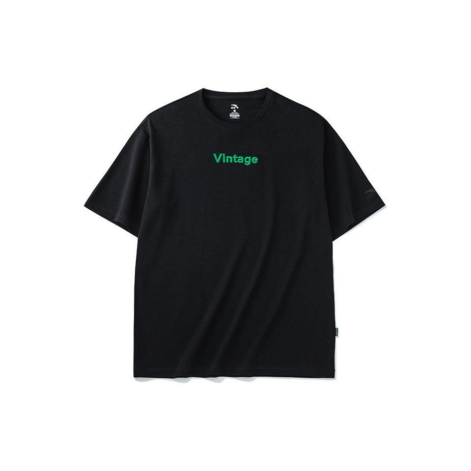 Anta Solid Color Embroidered Letter Crew Neck T-Shirt Unisex Tops Black 962228150-5