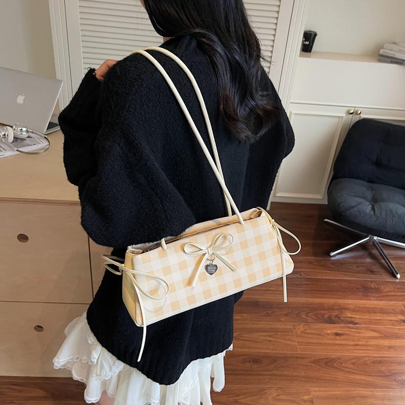 Bow small bag women's summer new fashion plaid baguette bag summer simple commuter shoulder bag