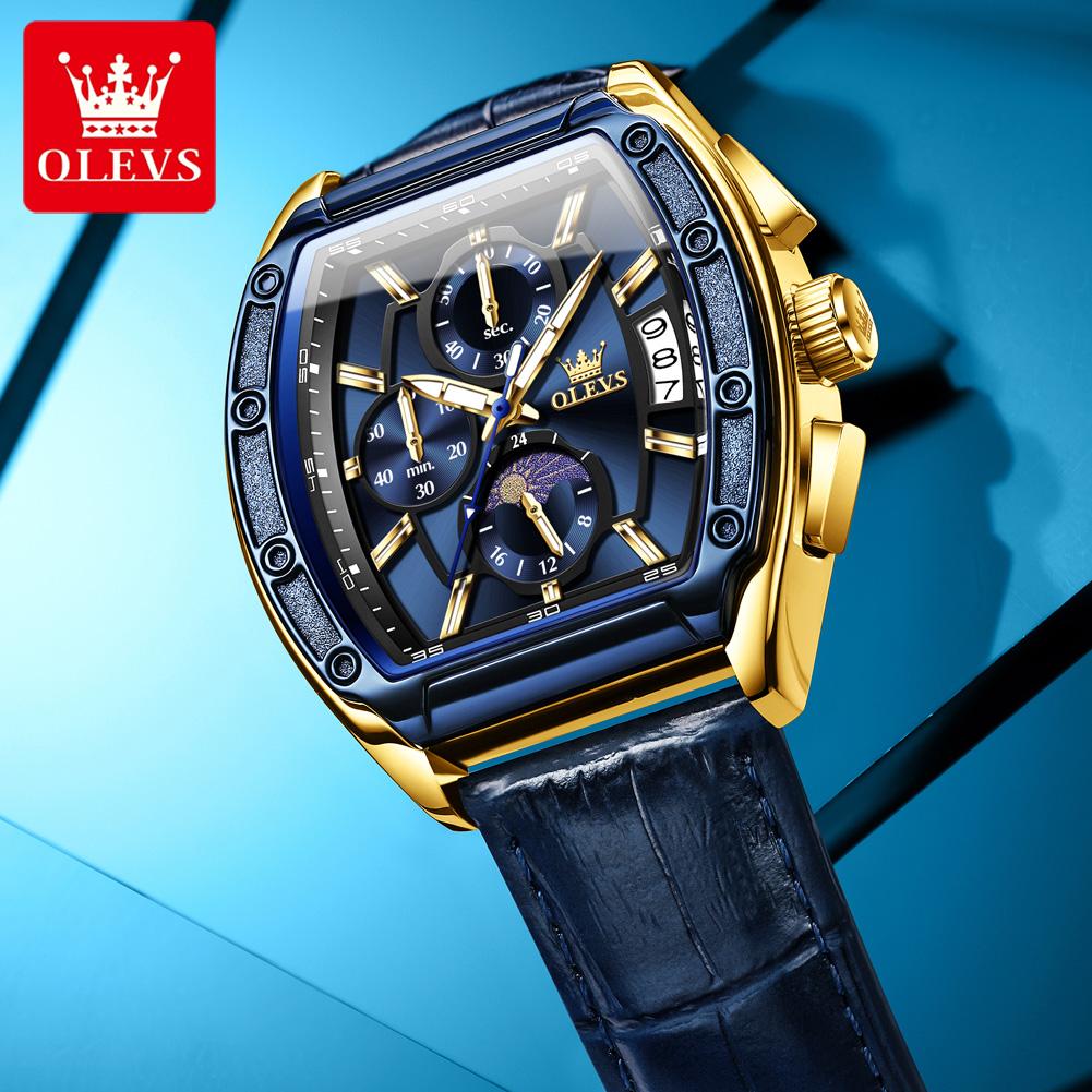 OLEVS Brand Watch Men's Business Quartz Watch Multi Functional Leather Strap 3661