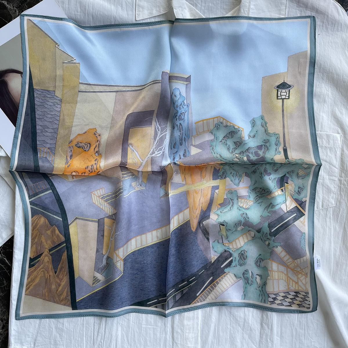 Silk silk scarf female animation oil painting style 53cm silk small square scarf summer sunscreen yarn scarf small scarf 53*53CM