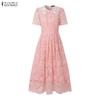 ZANZEA Women Casual Round Neck Summer Lace Patchwork Short Sleeve Dress