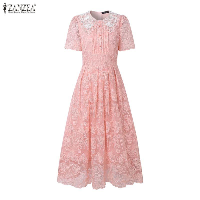 ZANZEA Women Casual Round Neck Summer Lace Patchwork Short Sleeve Dress