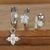 Ensemble de 3 Boucles d'Oreilles Anneau Couronne en Acier Inoxydable Couleur Argent pour Femmes Quatre Fleurs Zirconium Piercing Cartilage Boucle d'Oreille Bijoux Mode