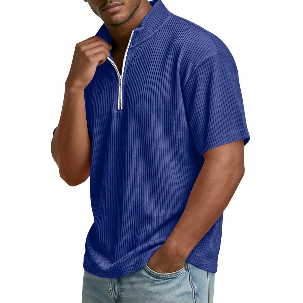 Top Pulóver Casual para Hombre de Manga Corta con Cremallera Media y Tejido de Canalé, Cuello Alto, Textura Suave, Corte Relajado, Camisa para Uso Diario