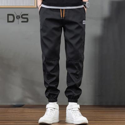 Spring Fall Men Cargo Pants Loose Drawstring Elastic Waist Multi Pockets Ankle-banded Solid Color Plus Size Sport Trousers Daily Wear Ninth Pants