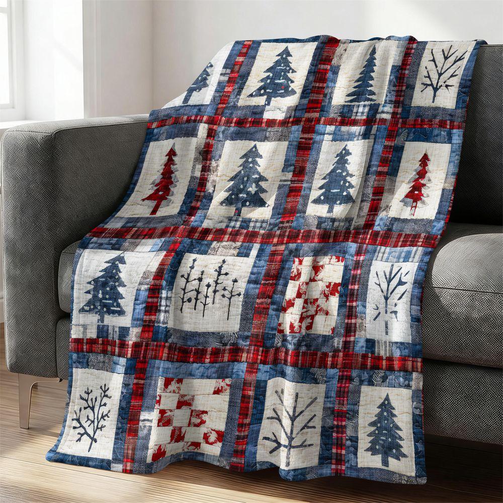 Winter Forest Quilt Pattern Flannel Blanket Soft Cozy Throw Blanket Rustic Tree Print Bed Sofa Decor Holiday Gift Blanket 75X95CM
