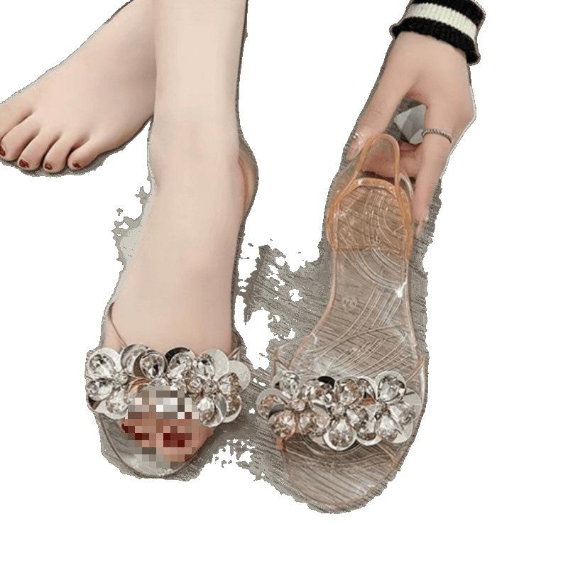 New schoolgirl fashion sandals trendy shiny pieces jelly shoes women's summer crystal flat bottom fish mouth transparent outer wear