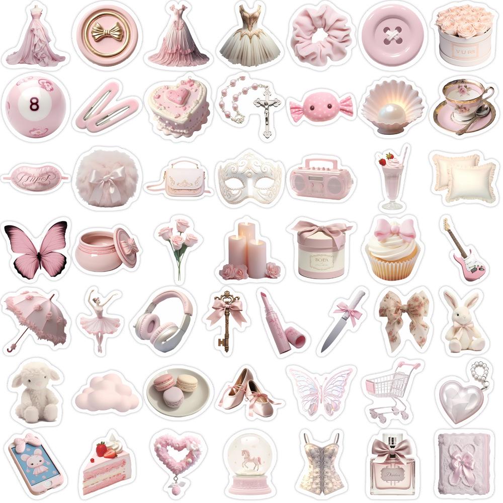 50 Sheets Ballet Style Pink Heart Stickers with Bow Knot for Journaling and DIY Decoration