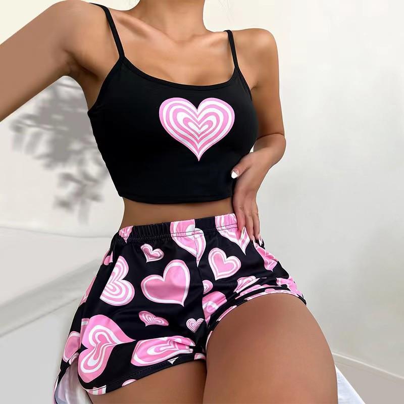 Soft Pink Heart Print Camisole Shorts Pajama Set - European/American Style, Two-Piece Home Wear S