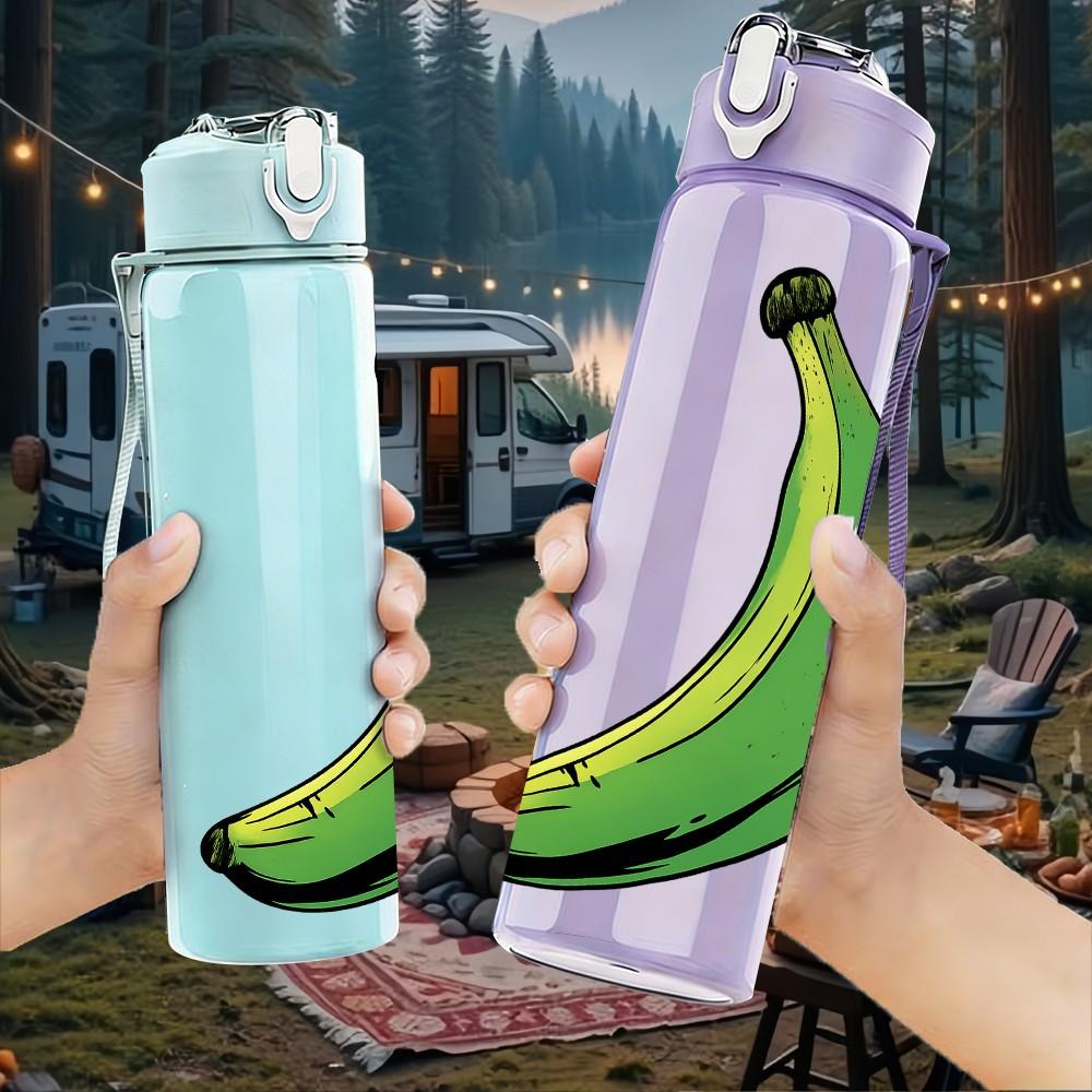 1PC Single Green Banana Fruit Print 750ml Color Plastic Sports Water Bottle Leakproof Flip Straw Lid For Sports Office Home Use