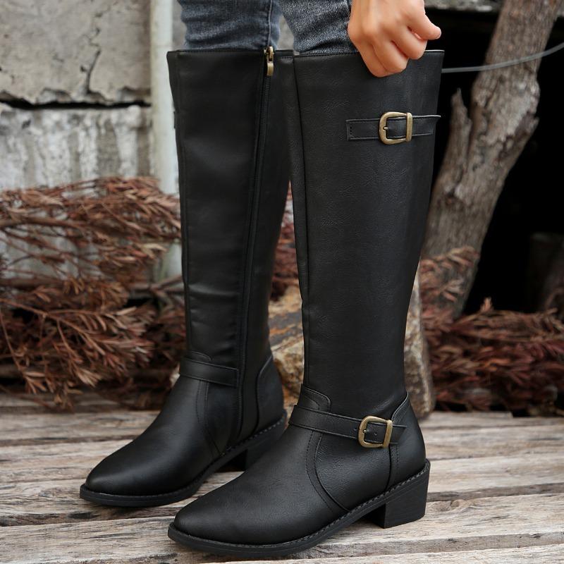 Pointed Buckle Knight Boots Winter 2025 New Plus Size Vintage Block Heel Boots