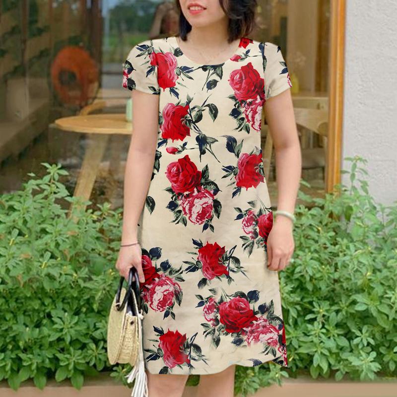 

Женское летнее платье с цветочным принтом ZANZEA с круглым вырезом и короткими рукавами 4XL бежевый