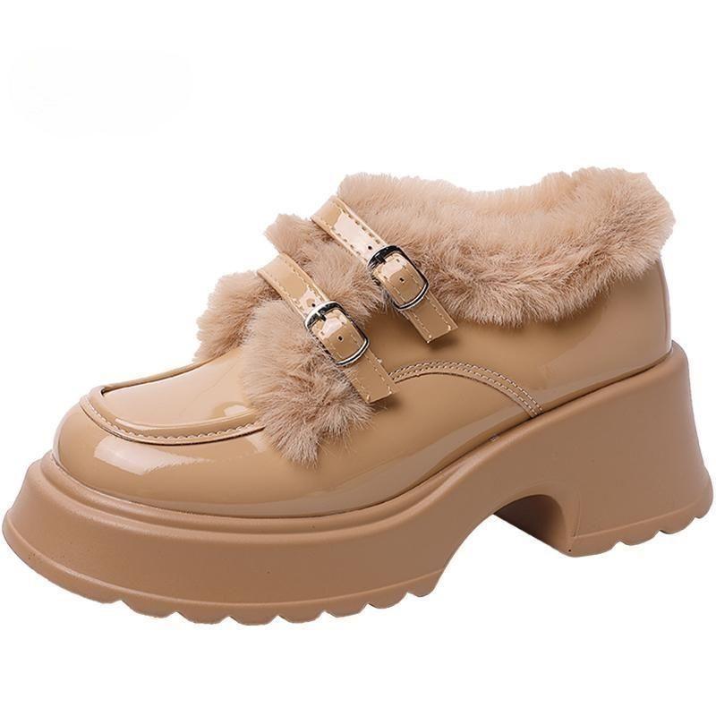 British Style Small Leather Shoes Women's 2025 Autumn and Winter New Thick-soled Heightening Velvet Mary Jane Shoes Cotton Shoes Fluffy Shoes