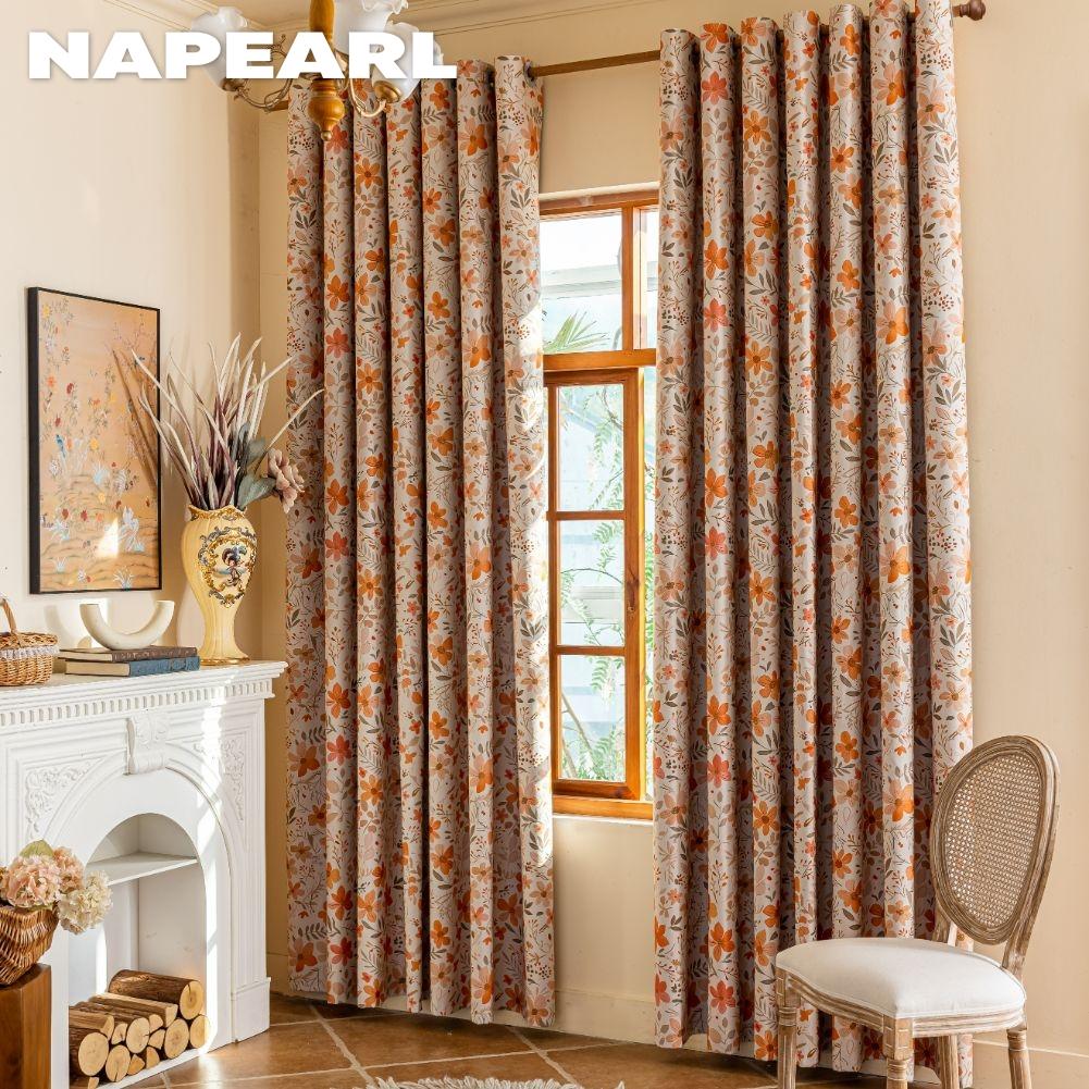 1PC NAPEARL French Vintage Orange Floral Print Blackout Curtain 100% Blackout Versatile Curtain for Bedroom Living Room Balcony Window for Home Decor