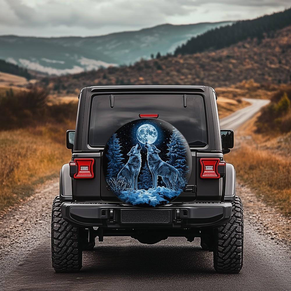 Wolf Howling Moon Spare Tire Cover Durable Polyester Waterproof Vinyl Protector for SUV Truck