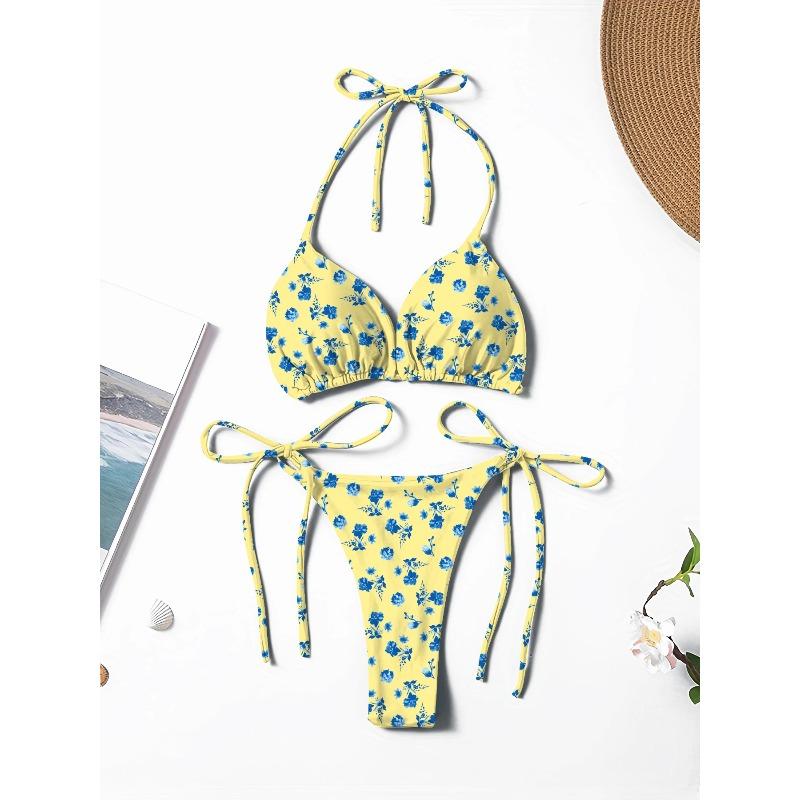 New Style Printed Fresh and Stylish Tie-Neck Sexy and Fashionable Women s Two-Piece Bikini Swimsuit S