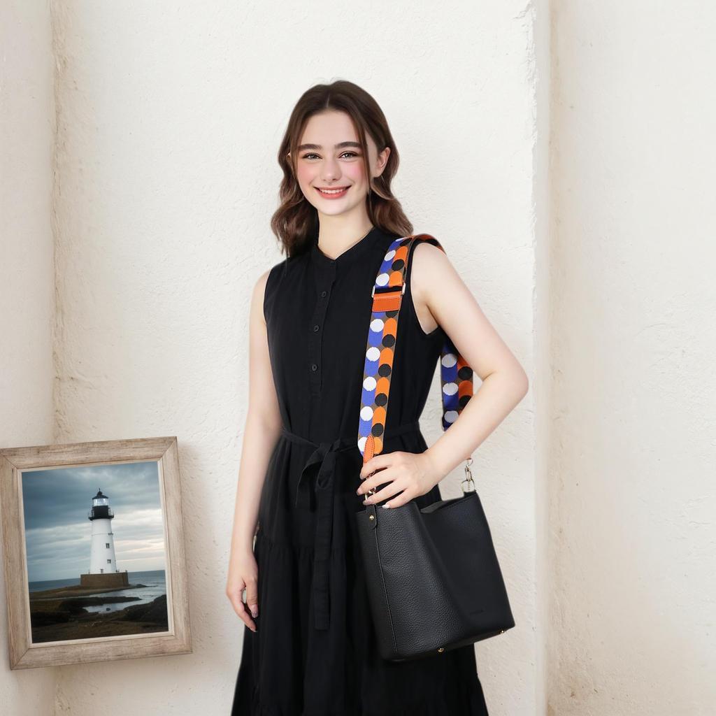 [DDBody] Genuine Leather Shoulder Strap, Single Shoulder Strap for Bags, Embroidered, Thick, Stylish, Original Design for Women (OrangeBlue Polka