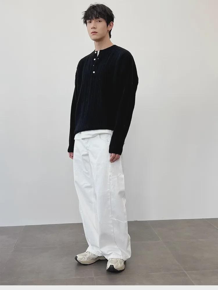 Men's Korean Style High-End Henley Collar Sweater - Heavy Woven, Twisted Knit, Loose Fit for Spring & Autumn