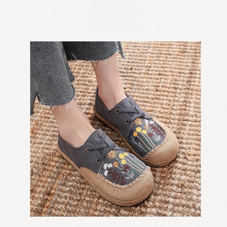 Johnature Flats Women Shoes Embroider Retro Lace-up Round Toe Cotton Linen Handmade Concise Comfortable Ladies Shoes