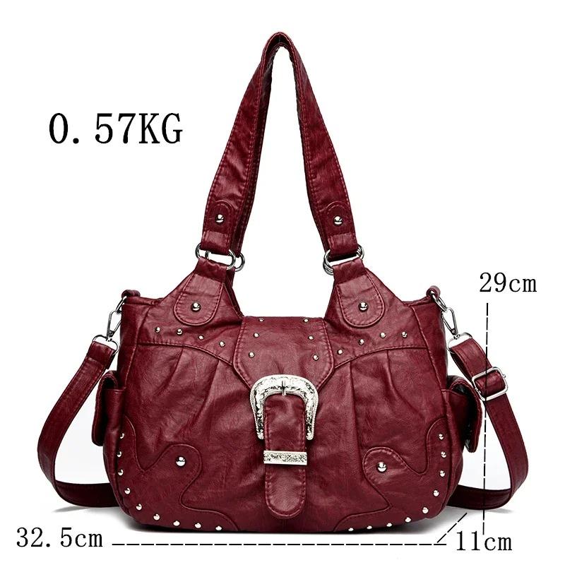 Stilvolle Lederhandtasche mit silbernen Nieten und Metallschnalle Damen Hohe Kapazität Vintage Weiches Leder Damen Lässige Schulter-Umhängetasche Reise