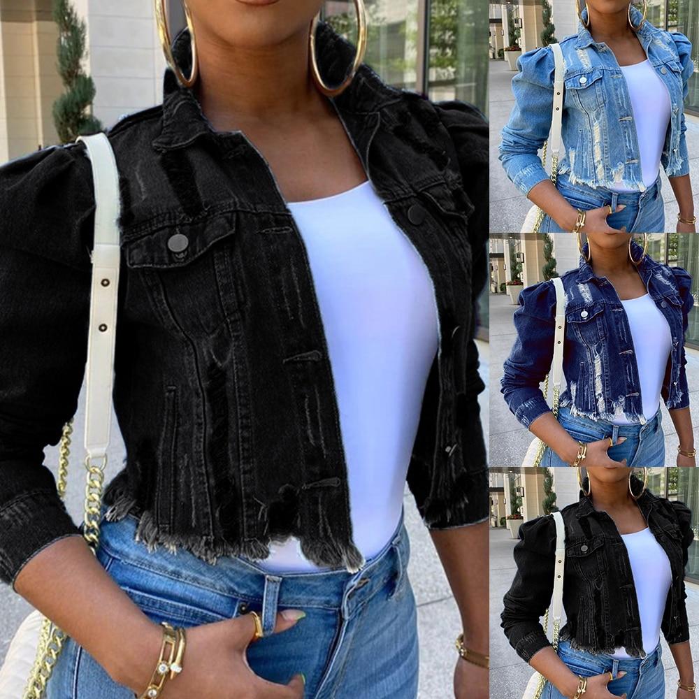 Frauen Sexy Ripped Denim Jacken Vintage Beiläufige Kurze Jean Jacke Puff Hülse Weibliche Mantel Streetwear