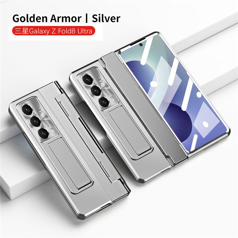 Plating with Glass Film Hinge Protection Case for Samsung Galaxy Z Fold 8 Ultra 7 6 5 4 3 Fold8 5G Bracket Holder Stand Cover