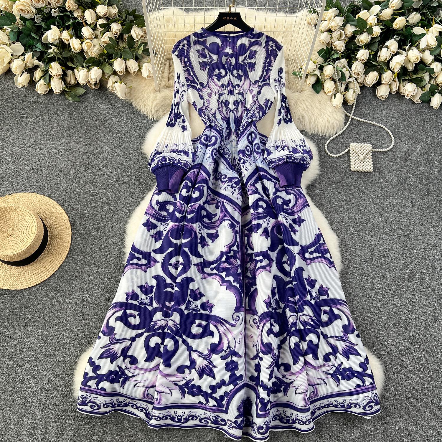 

Французский стиль, роскошное платье для женщин 2024 года, новейшее длинное платье с о-образным вырезом и рюшами в стиле тай-дай One Size фиолетовый