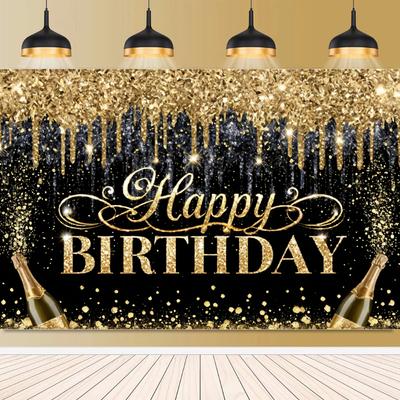 Blue Gold Happy Birthday Background Champagne Glitter Balloon Party Decor Family Portrait Photography Backdrop Birthday Decor