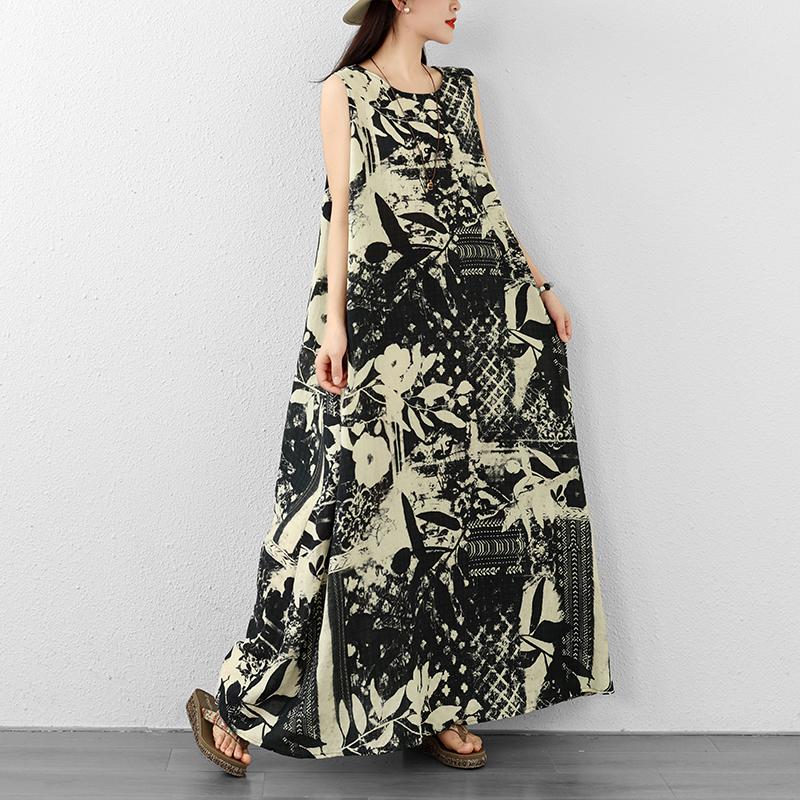 DIMANAF 2026 Women Plus Size Summer Beach Lady Long Dress Vest Sleeveless Vintage Loose Oversize Maxi Print Sundress Clothing