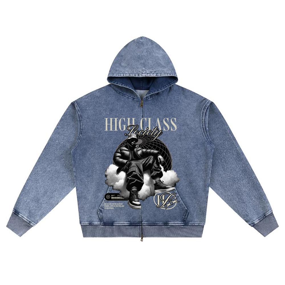 DTG print Knitted Denim Zip-Up Hoodie Streetwear Graphic Brother Print Zipper Hoodies  