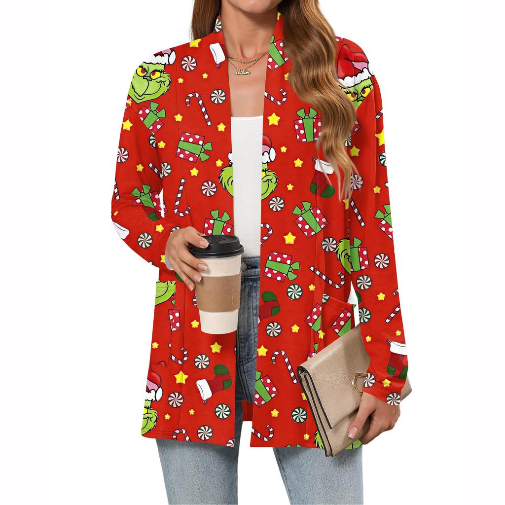 Women's Christmas Printed Lightweight Cardigan Long Sleeved Casual Loose Thin Fit With Pockets Cardigan Jacket