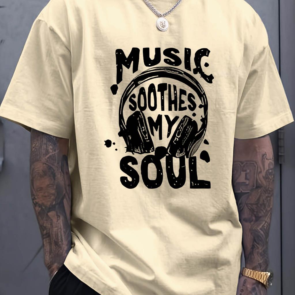 Men's Summer 100% Cotton Fashionable Casual Loose Music Soothing My Soul Pattern Printed Sports Round Neck Short Sleeve T-shirt