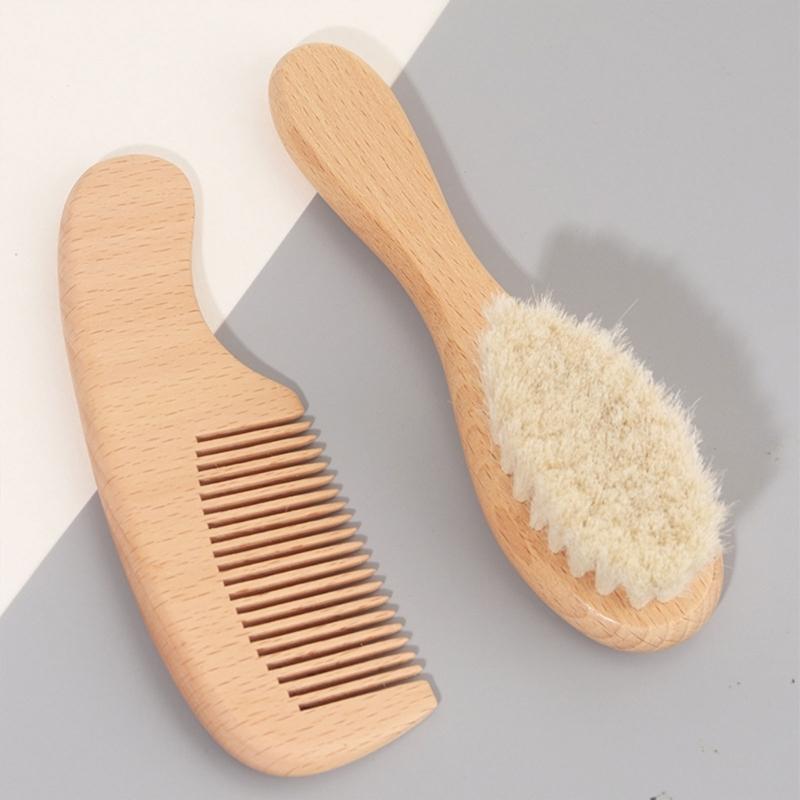 Baby Hair Brush and Hair Comb Set Soft Goat Bristles Cradle Caps Brush for Newborns & Toddlers Wood Baby Hair Brush