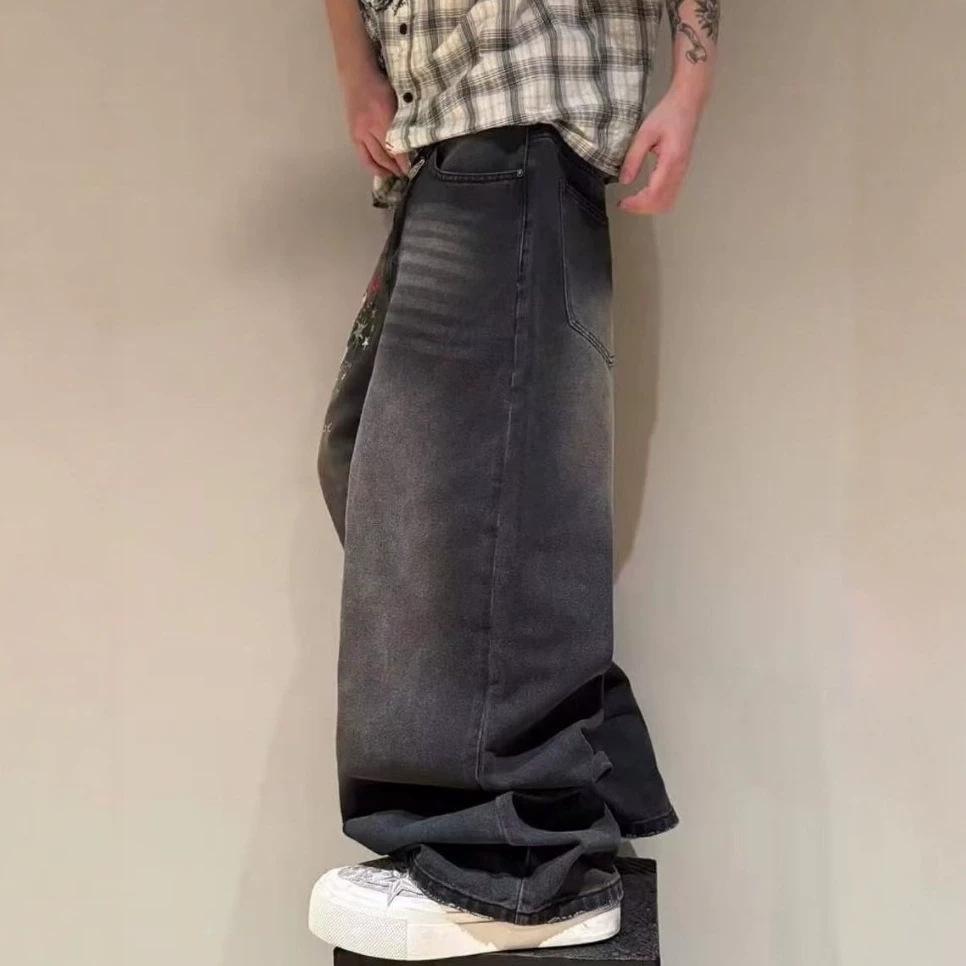 American Retro Full-print Wide-leg Jeans, New Men's Design Straight Loose Jeans
