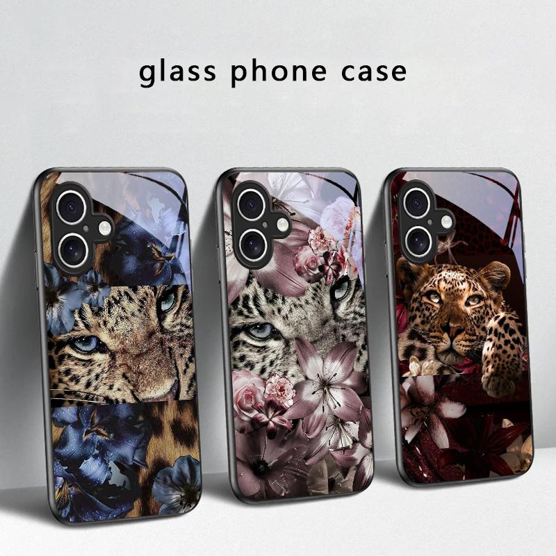Flower Leopard Shadow For iPhone 17 Air 16 E 15 Plus 14 Pro Max 13 12 Mini 11 5 6 7 8 Plus XR XSMax SE Black Glass Phone Case