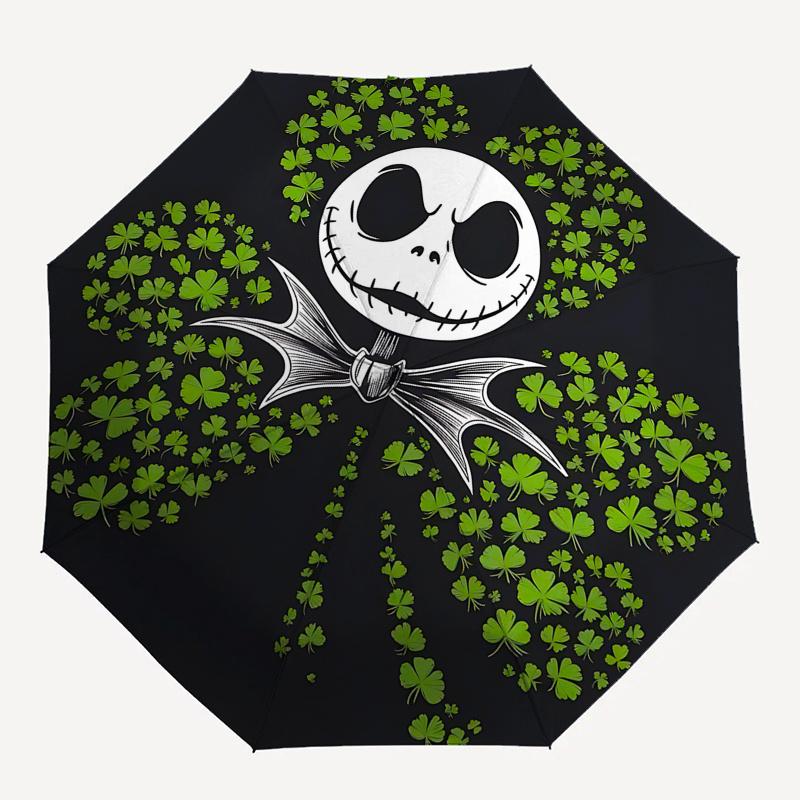 1 Automatischer Öffnungs-Schirm mit Jack Skellington und Kleeblatt-Motiv, Bunt, 8 Speichen, Tragbar, für Damen und Herren, Ein Kompakter Begleiter für den Weg zur Arbeit, Geeignet für D