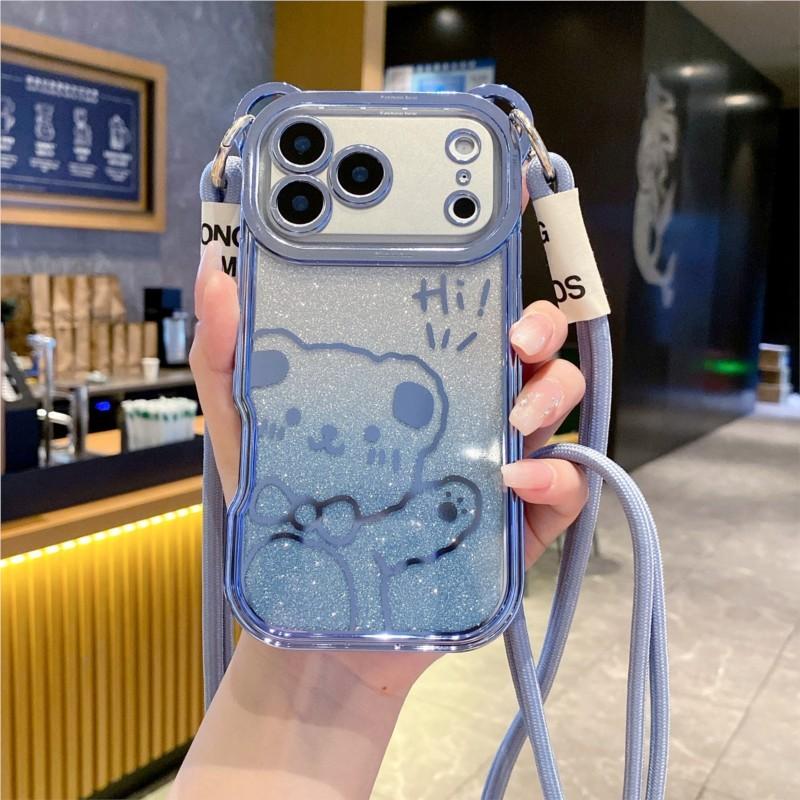 Cute Bear Ear Plating Crossbody Strap To Phone Case For iPhone 17 16 15 14 13 12 11 Pro Max X Xs Max 7 8 Plus 17Air Cover Girl