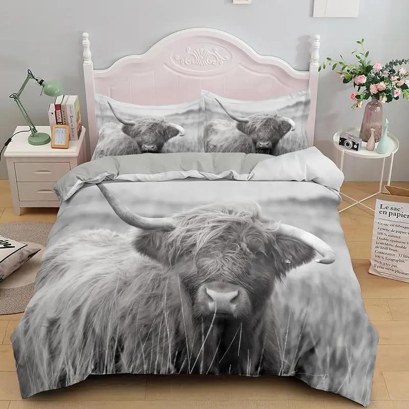 Highland Cow Duvet Cover Bull Cattle Bedding Set Western Cowboy Comforter Cover Full Queen For Boys Teen Farmhouse Quilt Cover
