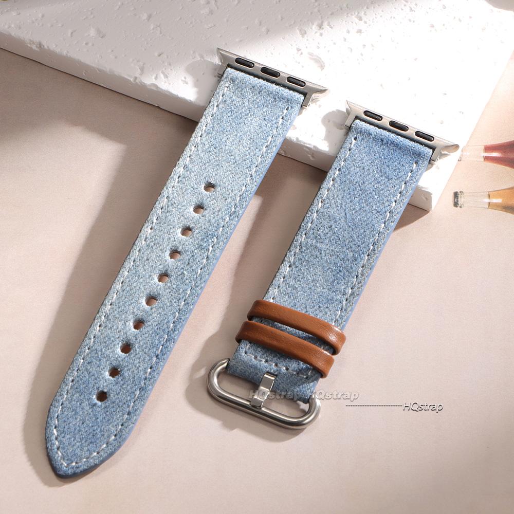 

Leather Strap for Apple Watch Band 40mm 41mm 38mm 42mm 44mm 45mm 49mm Sailcloth Denim Bracelet for IWatch Series 10 9 8 7 SE 6 5 38mm 40mm 41mm светло-синий