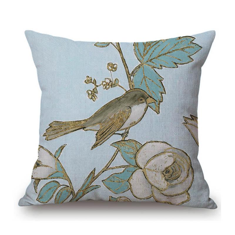 Lovely Blue Flower Bird Home Decoration Art Cotton Linen Sofa Chair Seat Throw Pillow Case Nordic Elegant Cushion Cover