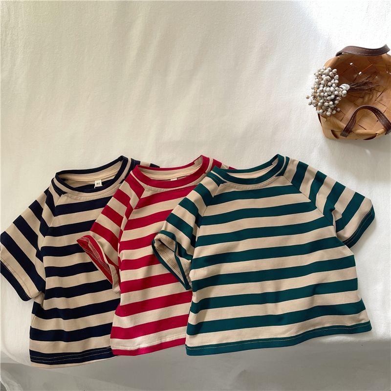 Children's Summer Clothing Korean Loose Striped Short Sleeved T-shirt Boys and Girls Stylish Versatile Top